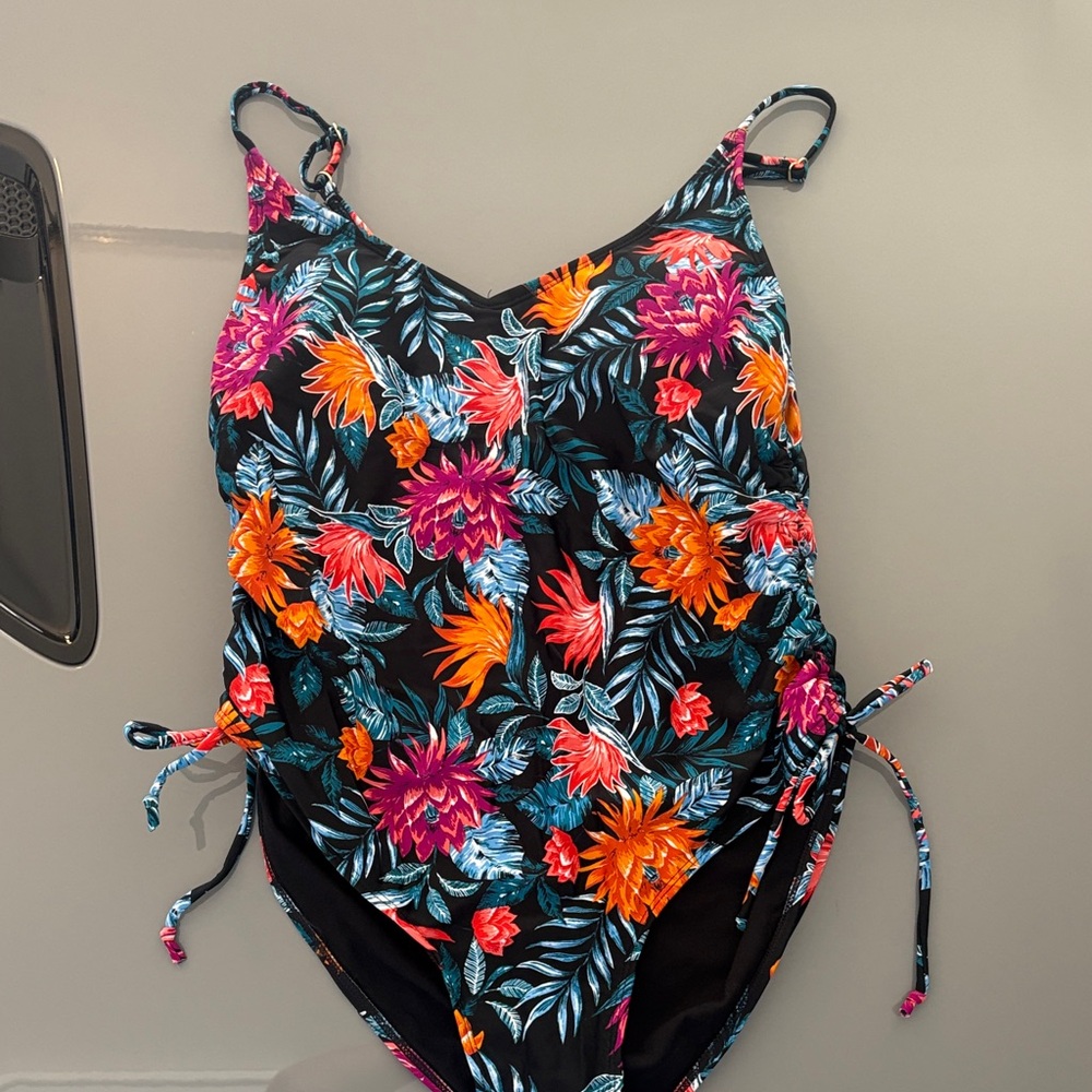 Time and Tru Floral One Piece Swimsuit - Black, Orange, Pink